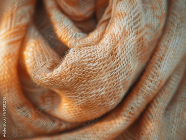 Fototapeta Ultra-detailed macro photo of a scarf, showing soft fabric texture, fine threads, and natural light that highlights folds and weave elegantly.