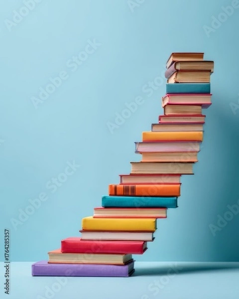 Obraz Stack of books forming an upward staircase symbolizing knowledge, progress, and lifelong learning.