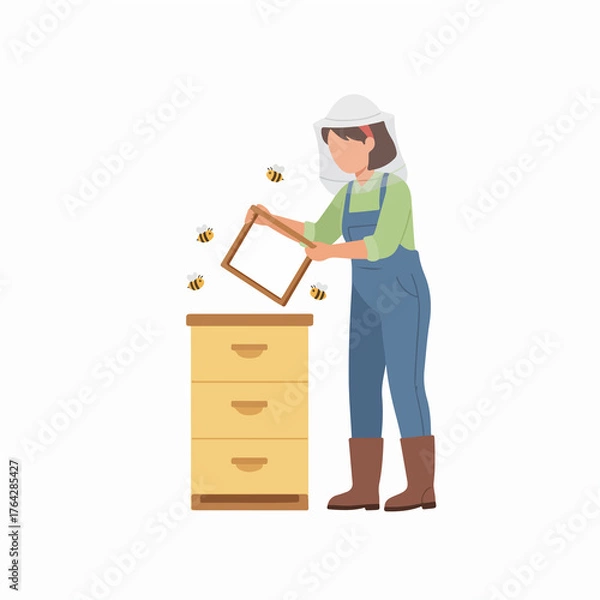 Obraz Beekeeper tending hive, checking honey frame amidst buzzing bees