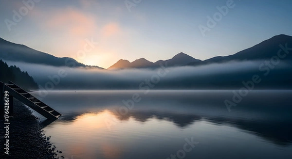 Fototapeta Misty Mountain Lake Sunrise Reflection with Wooden Dock and Serene Atmosphere