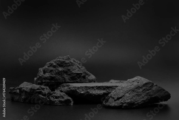 Fototapeta Black stone podium plates product display pedestal. Rock black nature material for placing products fashion cosmetics