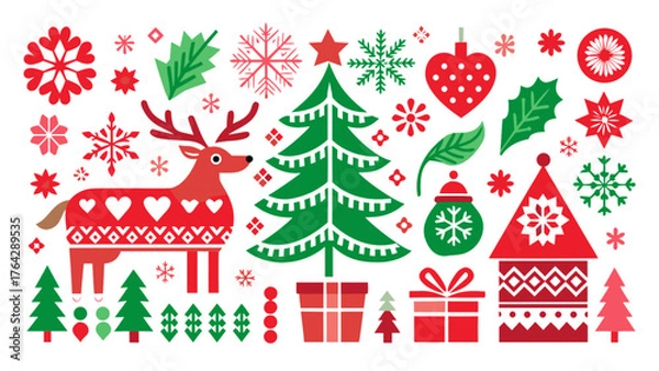 Fototapeta Nordic Christmas Vector Motifs Transparent PNG Elements Pack Isolated on White Background – Scandinavian Holiday Pattern, Folk Art, and Winter Design Collection