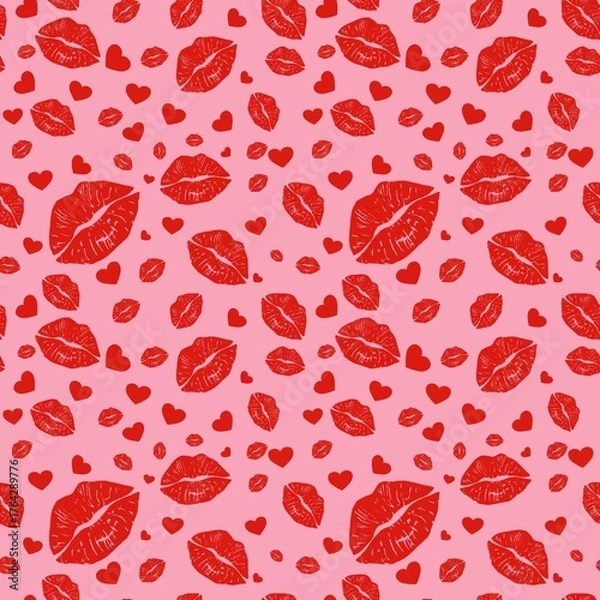 Fototapeta Seamless Red Lips and Hearts Pattern on Pink Background