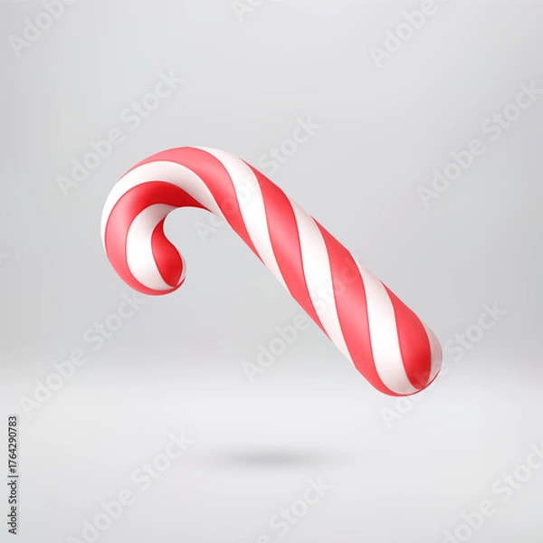 Obraz 3D Red and white striped candy cane. Sweet traditional Christmas treat. Holiday season dessert for New Year celebration. Vector illustration