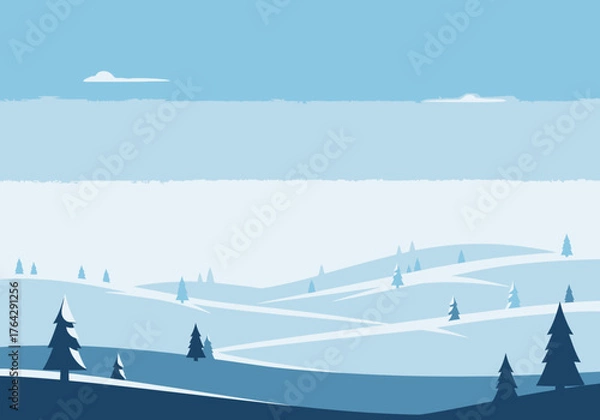 Obraz Serene blue winter landscape with rolling snowy hills and evergreen trees