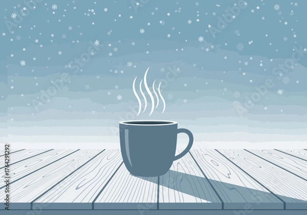 Obraz Warm mug of steaming coffee on a snowy wooden table, evoking cozy winter comfort and peaceful moments amidst falling snowflakes