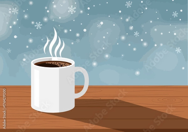 Obraz Hot beverage in a mug with steam rising on a snowy day