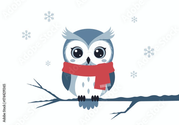 Obraz Charming Winter Owl with a Red Scarf on a Branch Amidst Snowflakes - Image_fx (43)