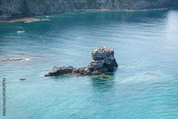 Fototapeta Rock formation in clear blue sea near rocky coastline on sunny day Cape Ogon, Shakotan, Hokkaido, Japan