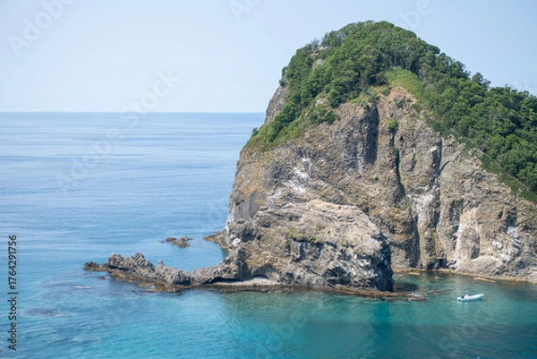 Fototapeta Rocky island with green vegetation in calm blue sea under clear sky Cape Ogon, Shakotan, Hokkaido, Japan