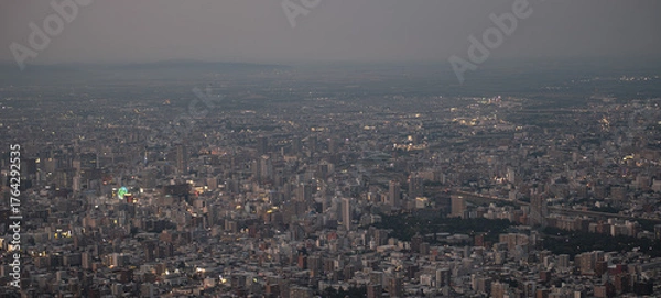 Fototapeta Panoramic view from Moiwa mountain, Aerial view of urban cityscape at dusk with buildings and streets at Sapporo, Hokkaido, Japan