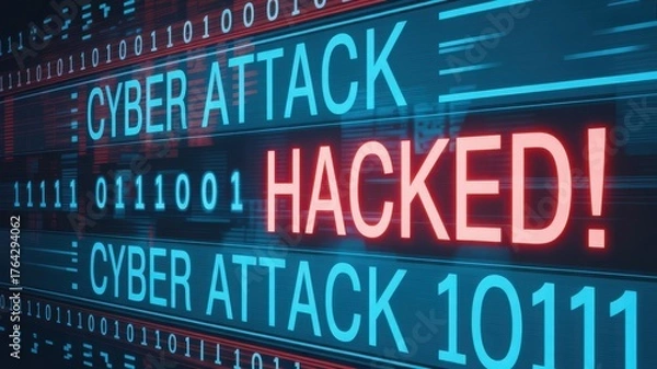 Fototapeta Cyber attack concept with binary code and the word hacked in red letters on screen