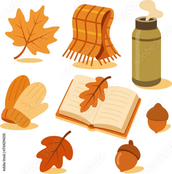 Obraz Flat vector illustration showing a cozy autumn still life with scarf, thermos, book, and leaves. Great for seasonal projects, fall lifestyle visuals, or creative graphic design.