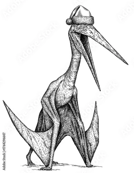 Fototapeta Vintage engraving christmas isolated pterosaur set illustration pterodactylus ink santa costume sketch. Flying dinosaur background silhouette Jurassic new year hat art. Hand drawn image