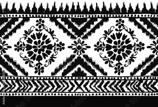 Fototapeta abstract seamless ikat border design. lace digital border art. seamless pattern with floral pixel border design. hand painted traditional seamless pattern floral border design. ikat print.