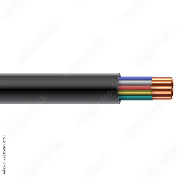 Obraz Realistic Electric Power Coaxial Cable With Copper Wire Strands Exposed And Insulated With Multiple Colored Wires In A Clean Transparent Background