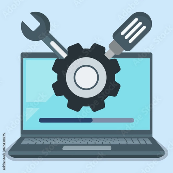 Fototapeta Vector illustration of a laptop with gear, wrench, and screwdriver, representing system maintenance, software update, technical support, and computer repair concept.