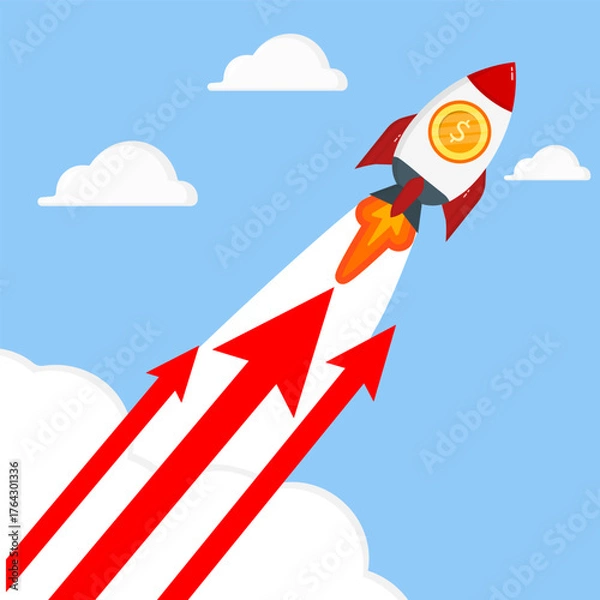 Fototapeta Business growth rocket launching upward with red arrows, symbolizing financial success, startup progress, and rapid market expansion against blue sky and clouds.
