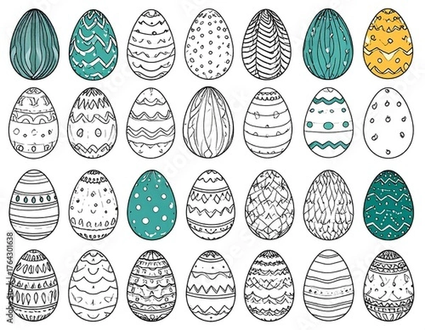 Fototapeta Collection of colorful, patterned eggs, in row of five