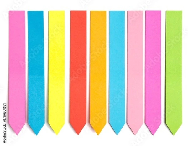Fototapeta Collection of colorful, rectangular sticky notes arranged on a white background