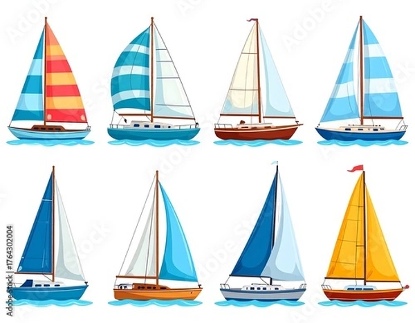 Fototapeta Collection of colorful sailboats on water, each with different sails