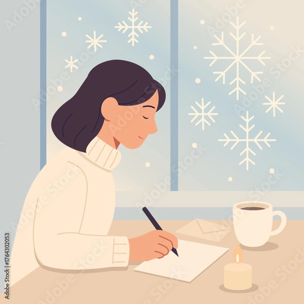 Obraz Flat vector illustration of a young woman writing a letter near the window on a snowy winter day. Cozy atmosphere with candlelight and coffee. Great for lifestyle or seasonal design.