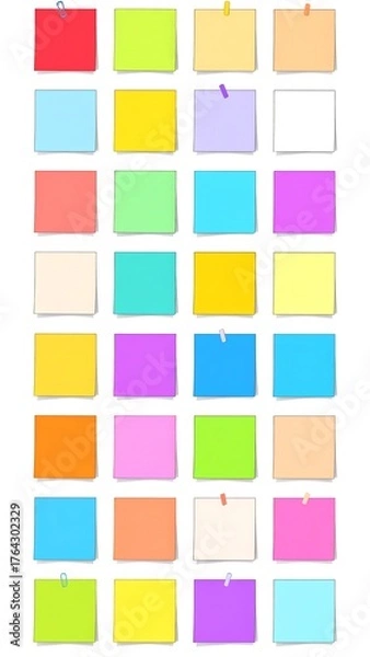 Fototapeta Collection of colorful, square, blank adhesive notes with push pins