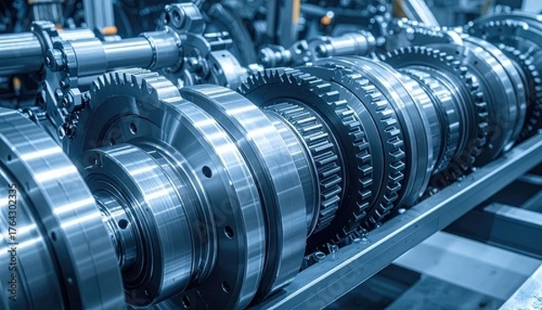 Fototapeta Intricate Mechanical Gear Train CloseUp With Blue Toned Lighting And Industrial Setting