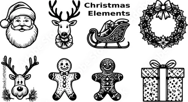 Fototapeta Minimalist Christmas Elements bundles in black and white outline style. Includes classic festive elements such as Christmas trees, Santa Claus, reindeer, gift boxes, bells, and others