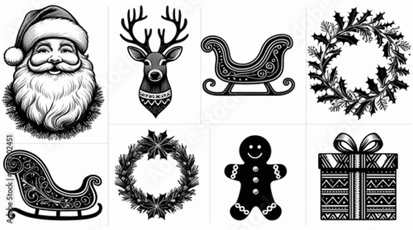 Fototapeta Minimalist Christmas Elements bundles in black and white outline style. Includes classic festive elements such as Christmas trees, Santa Claus, reindeer, gift boxes, bells, and others