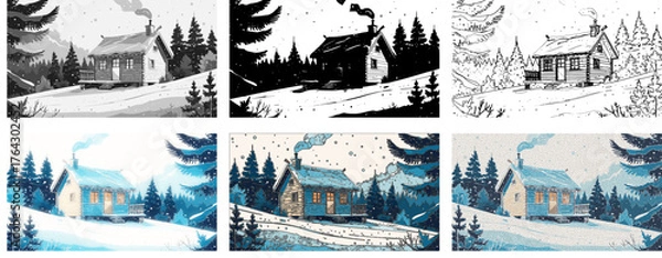Fototapeta Cozy winter cabin illustrations in snowy mountain scenery, featuring various artistic styles including color, grayscale, black and white, and outline vector versions