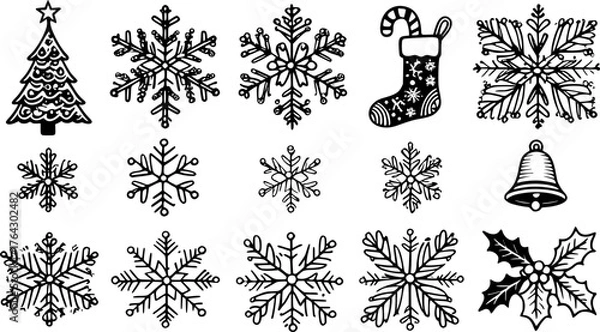 Fototapeta Minimalist Christmas Elements bundles in black and white outline style. Includes classic festive elements such as Christmas trees, Santa Claus, reindeer, gift boxes, bells, and others