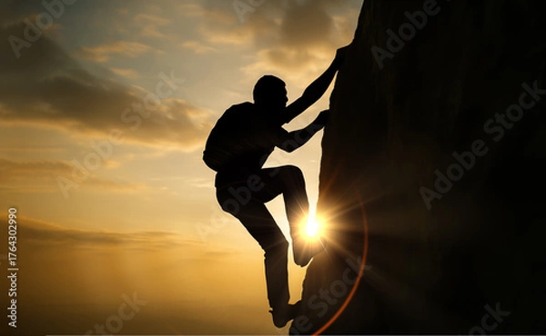 Fototapeta Achieving Success. Silhouette of man climbing mountain at sunset, a concept of achieving goals, determination, and reaching the summit of success