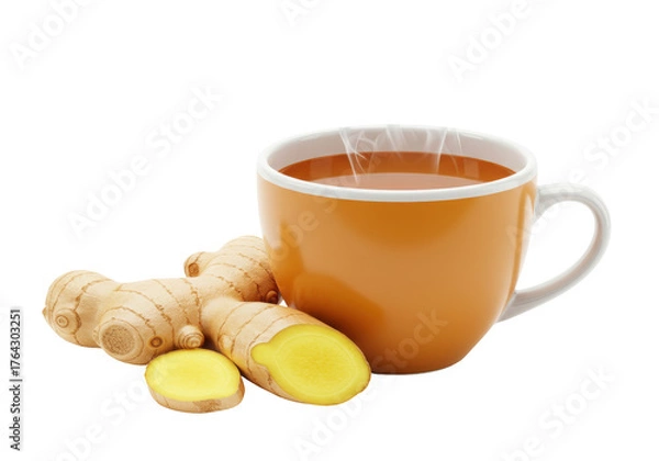 Fototapeta Steaming ginger tea in orange cup isolated, healthy herbal drink for cold remedy and wellness on a transparent background