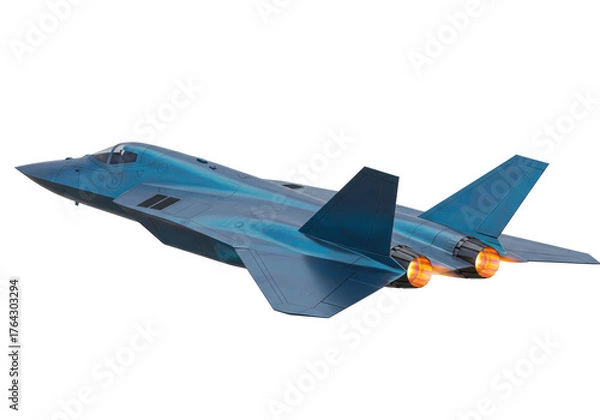 Fototapeta Blue futuristic fighter jet isolated PNG, advanced military aircraft with glowing engines on transparent background for defense concepts