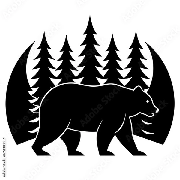 Fototapeta Wild Bear Silhouette and Nature Scene Vector Set – Double Exposure Forest, Paw Print, Adventure Style