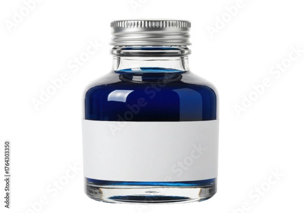 Fototapeta Small glass bottle with blue liquid isolated on white, medicine or flavoring extract container