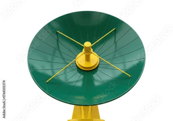 Fototapeta Green and yellow satellite dish isolated on transparent background, communication technology for broadcasting and telecommunications