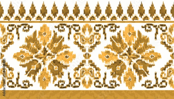 Fototapeta abstract seamless hand drawn ethnic embroidery golden ikat border design. traditional mughal border. azetec pattern border design. Geometric Vector Textile Border Design. golden ikat design.