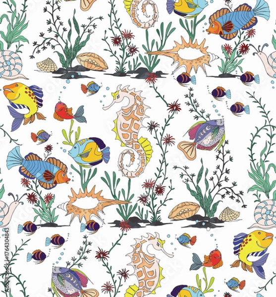 Fototapeta a drawing of a group of fish swimming in the water with plants and sea food on the side of it; arts and crafts movement, vector illustrations.