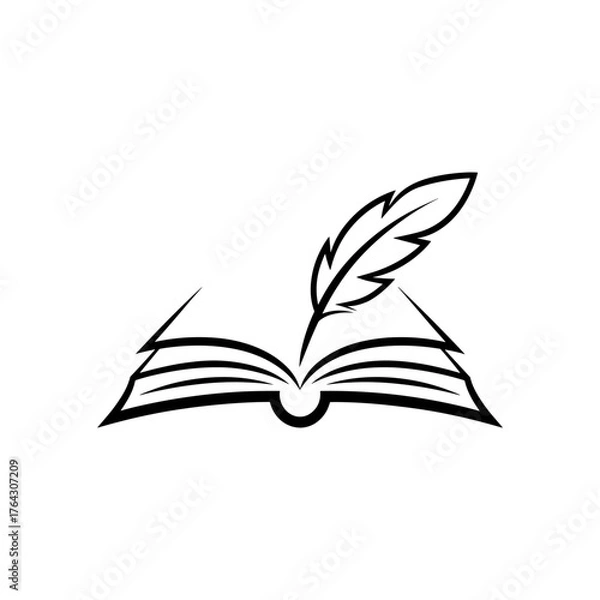 Fototapeta Open Book with Feather Pen Outline