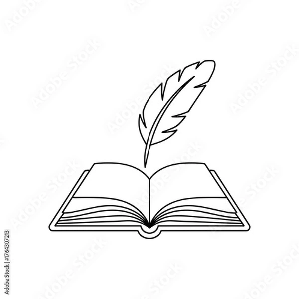Fototapeta Open Book and Feather Quill Line Art Icon