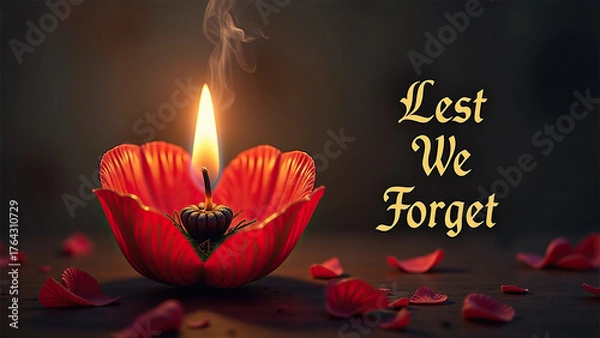 Fototapeta Red poppy-shaped candle burning softly with petals scattered around and the words "Lest We Forget"