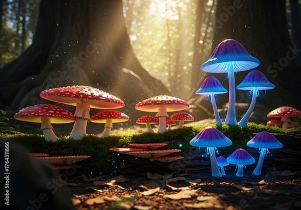 Fototapeta Enchanted Forest - A Symphony of Glowing Mushrooms and Sunlight.