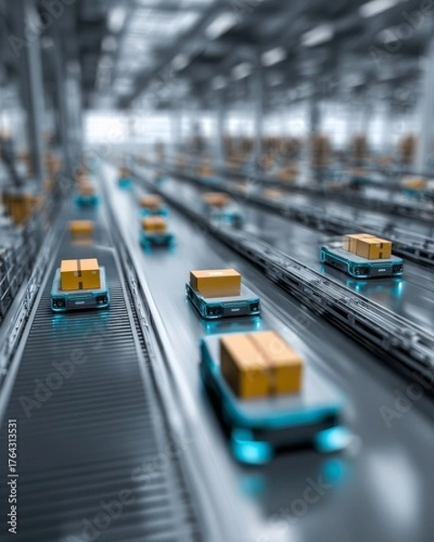 Fototapeta Modern logistics warehouse with autonomous robots moving packages symbolizing smart industry and efficiency.
