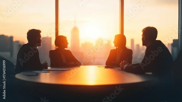 Fototapeta Business professionals meeting at sunset in modern office with city skyline view. Team discussing strategy and future plans, silhouetted by golden light, symbolizing success and collaboration.