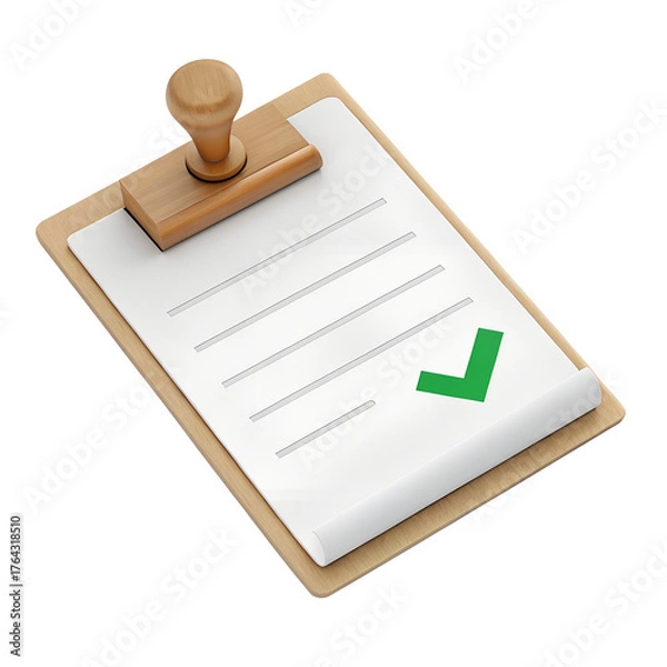 Obraz 3D document approval icon, paper with green checkmark stamp, isolated on a transparent background