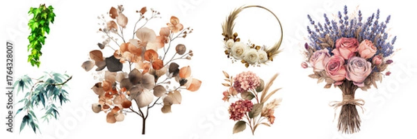 Fototapeta Collection of elegant floral arrangements featuring roses, lavender, hydrangea and leafy foliage, artistic botanical elements on transparent background