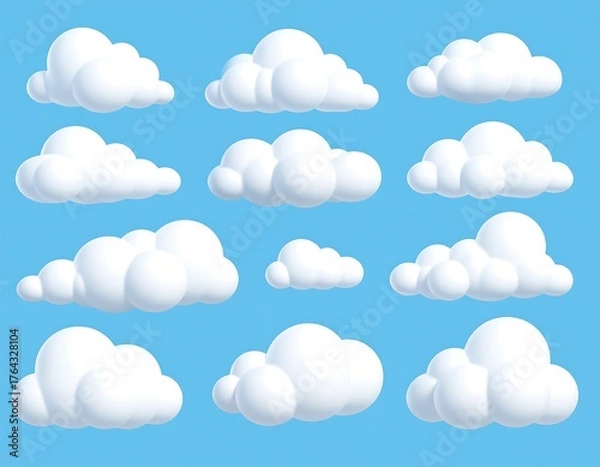 Fototapeta Collection of fluffy, white, three-dimensional cartoon clouds on a blue sky