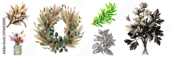 Fototapeta Elegant assortment of floral elements featuring wreaths, bouquets, and leafy branches, perfect for artistic compositions on transparent background.